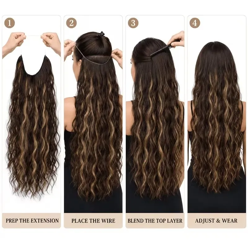 18Inch Synthetic Invisible Fish Line Hair Extensions Long Curly Wavy High Temperature Fiber Hairpiece for Women Daily Party