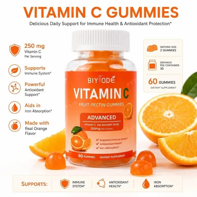 Vitamin C Gummies 250mg with Vitamins A and E Orange Fruit Pectin Chewables 60 Count Daily Nutrition for Adults Men & Women — image 4