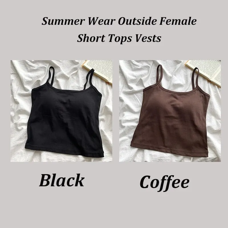 2PCS/SET Women's Basic Cotton Camisole madam Solid Color Spaghetti Straps Sleeveless Slim Vests Breathable Short Sleeveless Tops