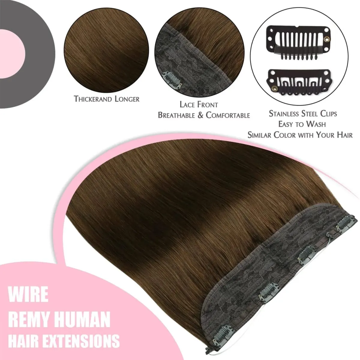 Invisible Halo Hair Extensions Real Human Hair Fish Wire Adjustable Band Secret Clip-in Extension for Women Chocolate Brown — image 5