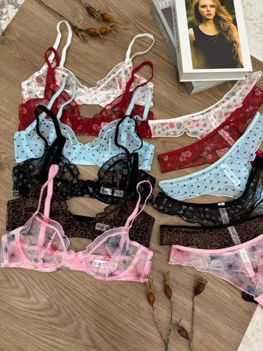 Ultra-thin vintage floral lace underwear large size push up women bra with underpants suit gathering lingerie briefs sets — image 3