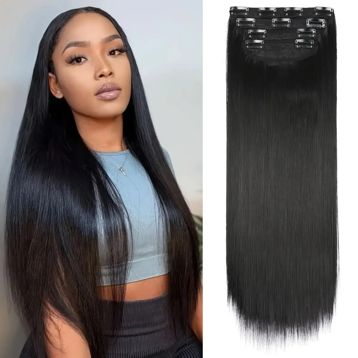 20" Straight Super Long 7 PCS Set Thick Clip in on Hair synthetic Extensions Straight Full Head Black for African Americans