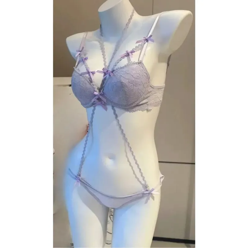 Ladies Halter Neck Bra Set Purple Cross Strap Butterfly Detail Push Up Lingerie Suit 32-38AB Daily Fashion Inner Wear — image 6