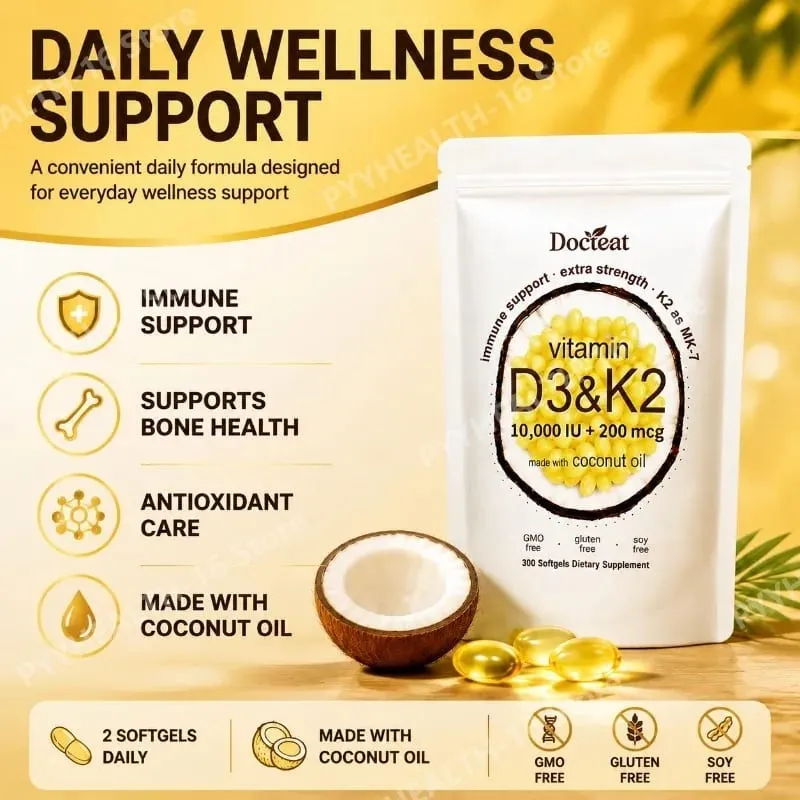Docteat Vitamin D3 & K2 Softgels with Immune Support and Bone Health Coconut Oil GMO Free Gluten Free Soy Free 300 Softgels — image 4