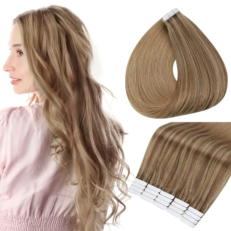 Full Shine Tape in Hair Extensions Human Hair Seamless Silky Straight Skin Weft 20Pcs 50G Add Length for Wedding