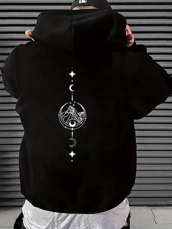Men Celestial Mountain Back Print Hoodie Moon Star Vertical Line Art Graphic Hooded Sweatshirt Casual Outdoor Streetwear Kangaro