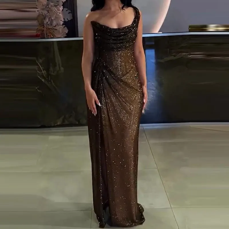 Sexy elegante comprimento total alta divisão vestido de festa chique cinta banquete maxi vestido de luxo feminino um ombro glitter vestido fino — image 6
