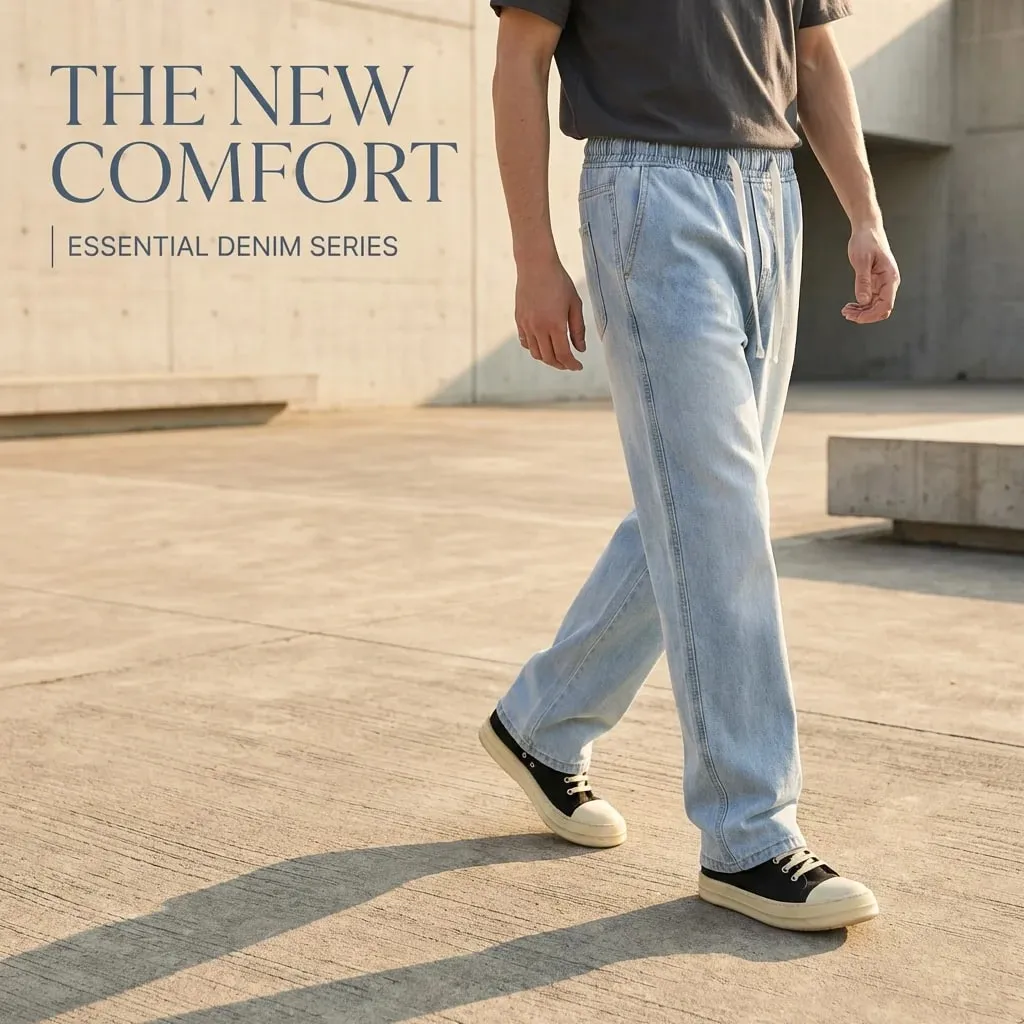Men's Light Blue Elastic Waist Drawstring Loose Jeans Spring Summer Autumn Winter Versatile Comfortable Fit Casual Denim Pants — image 4