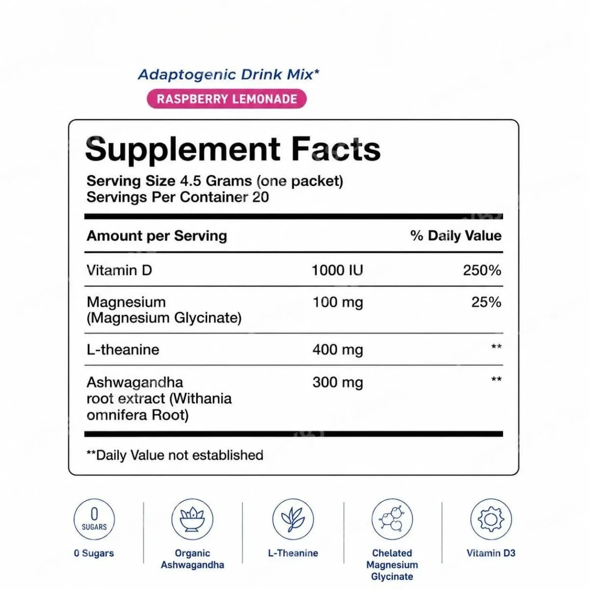 Calming Powder Drink Mix with L-Theanine Focus Memory Concentration & Cognitive Support Healthy Cortisol Balance 20 Packets