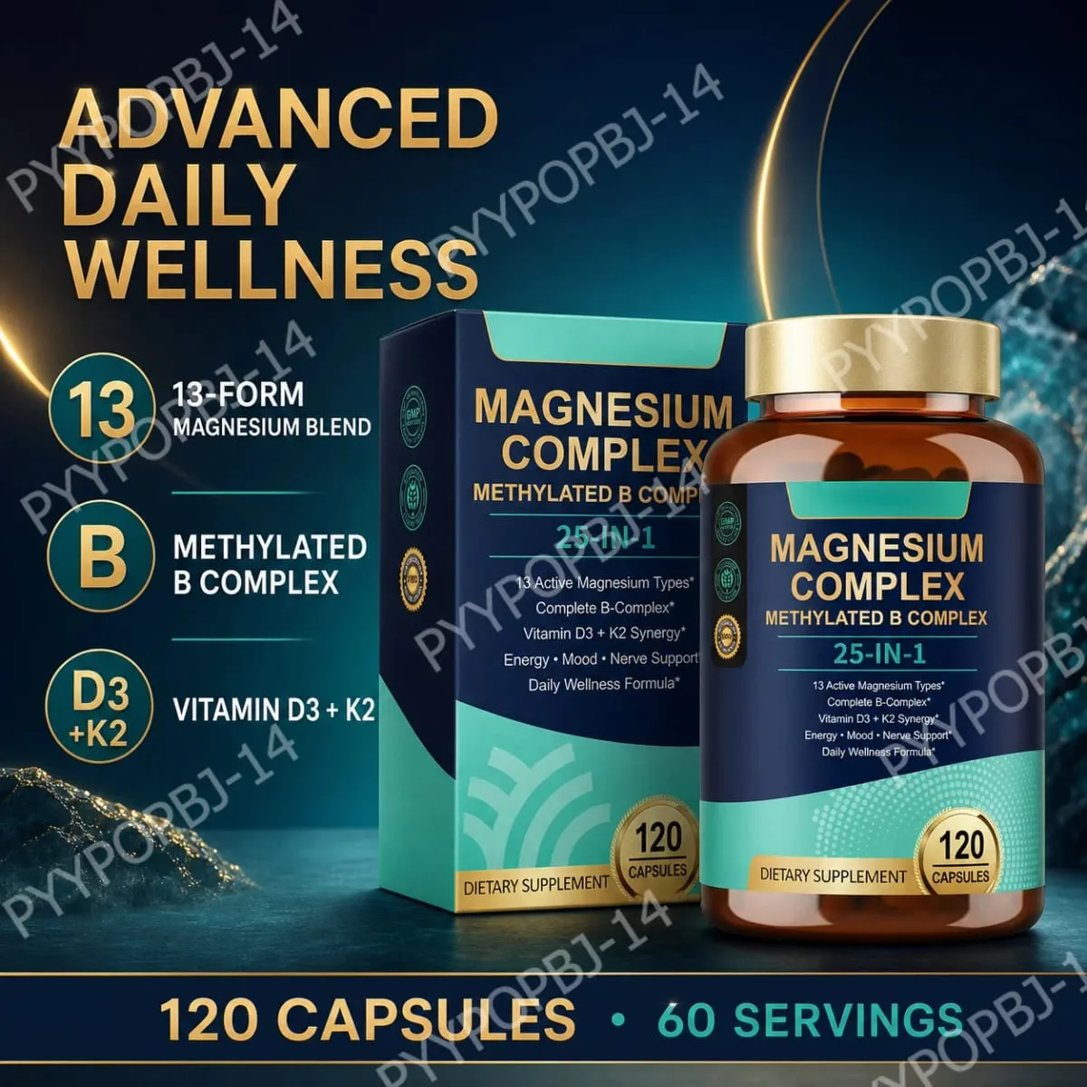 25-in-1 Magnesium Complex with Glycinate Citrate Malate Vitamin D3 K2 B12 Methylfolate for Relaxation Energy Nerve 120 Capsules — image 1