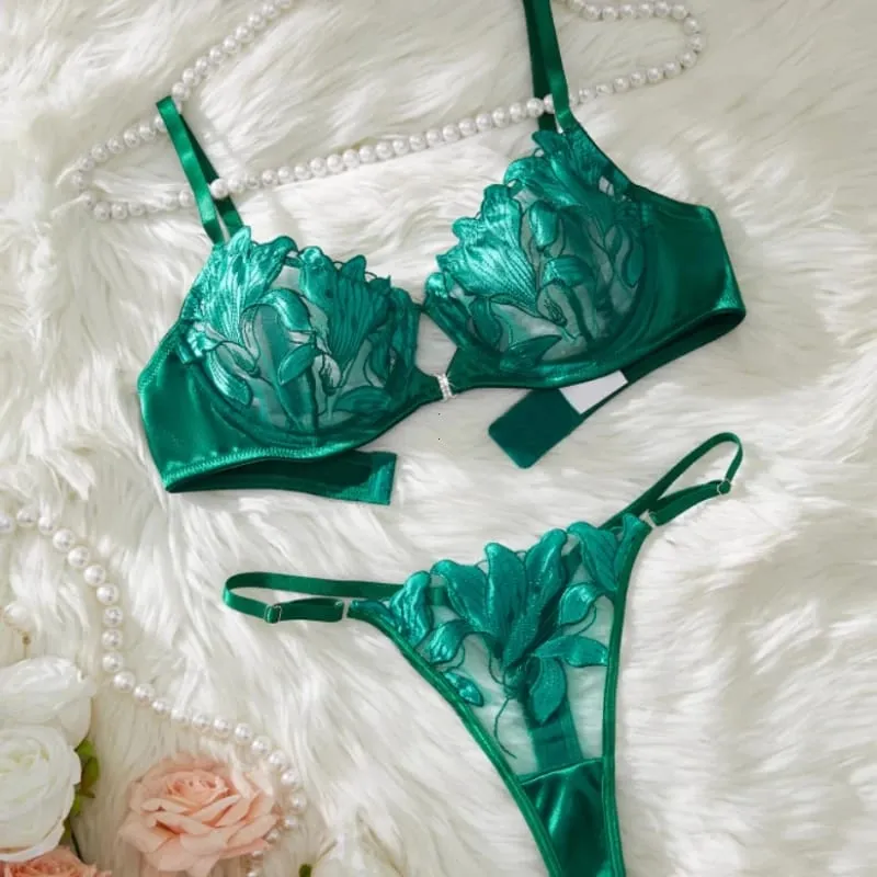 Women Transparent Bralette Underwire 2 Piece Bra and Panty Set Floral Embroidery Sexy Lingerie Set Push Up Bra Panty Underwear — image 3