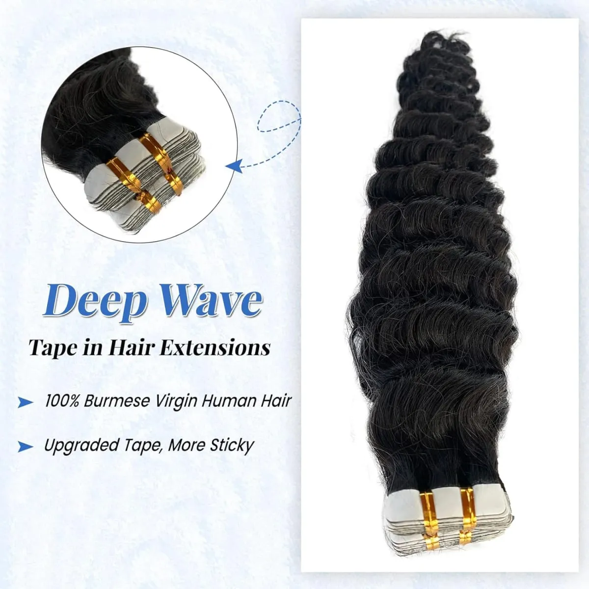 Deep Wave Tape In Hair Extensions Natural Black 100％ Human Hair 20pcs/50g Curly Tape Ins Invisible Seamless Replaceable Glue #1B