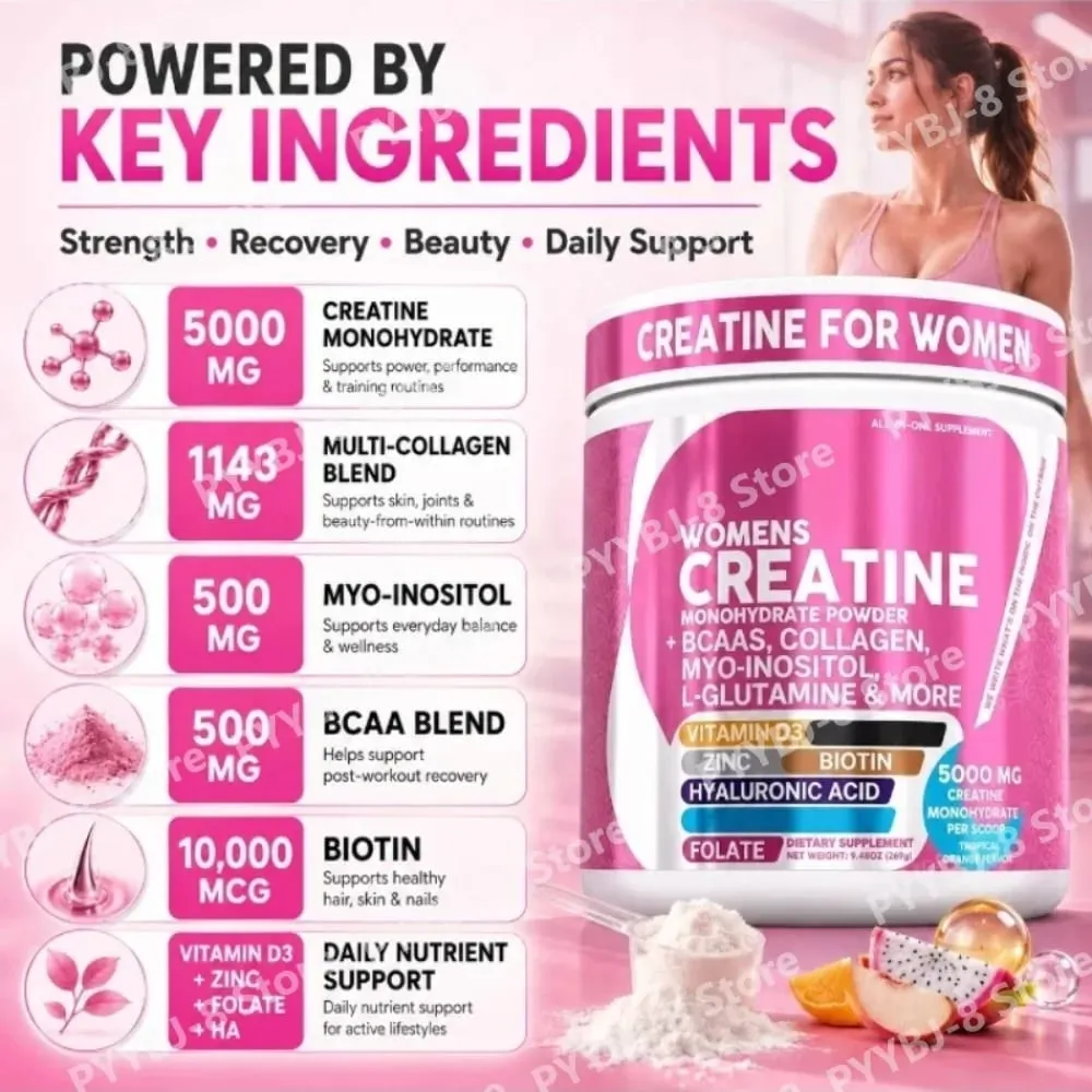 Créatine monohydrate en poudre pour femmes, 5000 mg, BCAA, multi-collagène, biotine, vitamine D3, orange tropicale, nutrition sportive, 30 portions — image 4