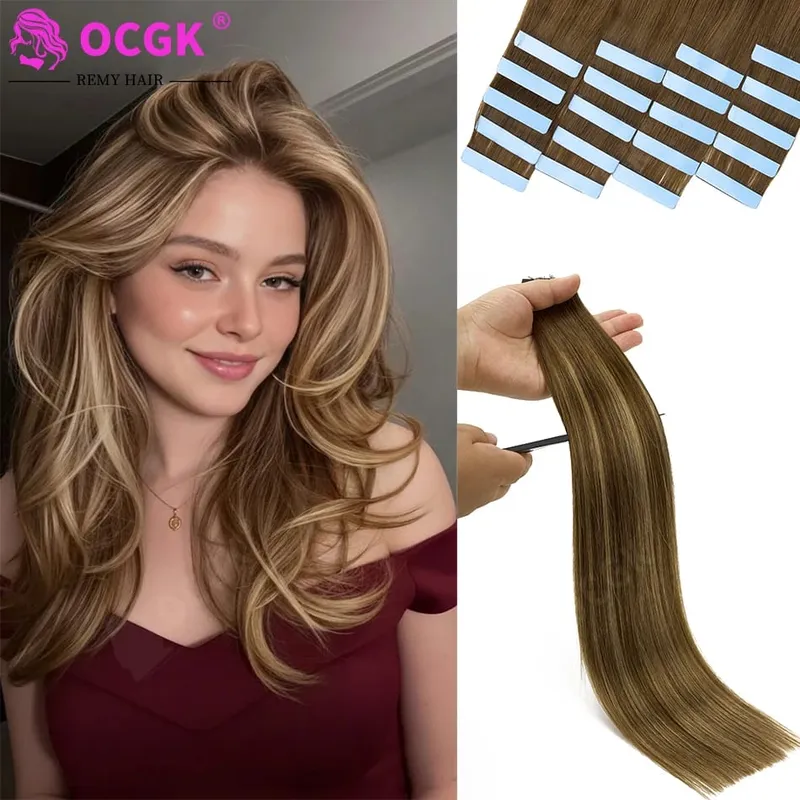 12A Tape In Hair Extensions 100% Remy Human Hair Pre-taped Skin Weft Adhesive Strips For Women Salon Use High Quality 14-22 Inch — image 1