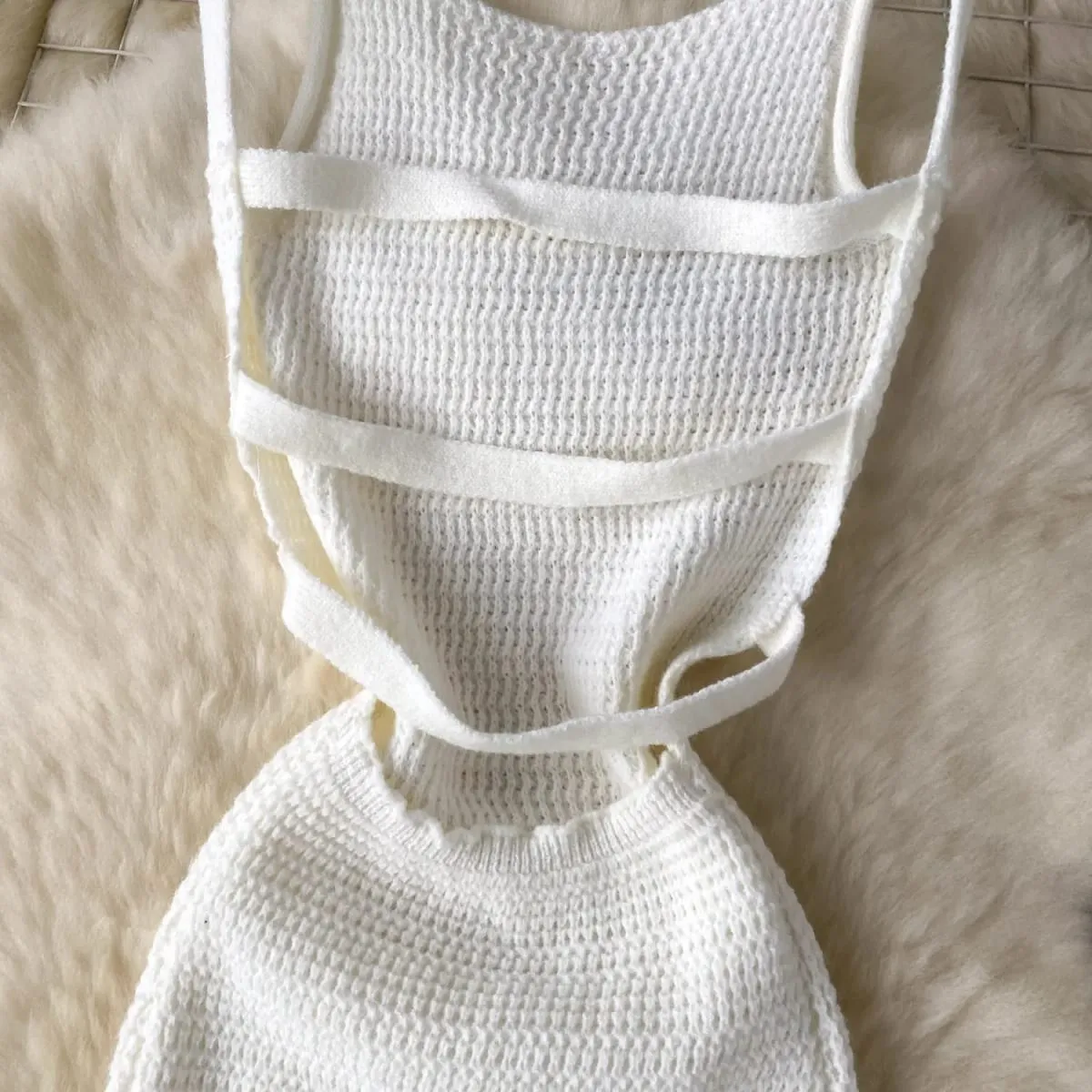 Summer Women Fashion Sexy Sleeveless Sundress Off Shoulder Knitted Strap Dress Hollow Out Backless Solid Color Wrap Mini Dress — image 5