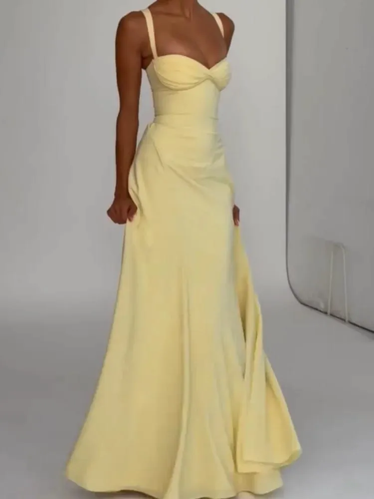 Vestido amarillo de corte bajo y espalda descubierta de cintura alta con cordones sin mangas cintura Cincher Spaghetti Strap Vestidos Fiesta Club bata de mujer — image 2