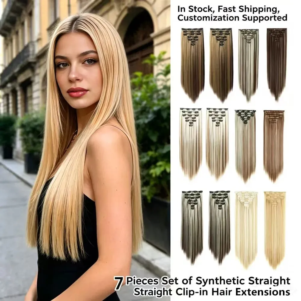 7Pcs 16 Clips Clip In Hair Extensions 150g Long Straight Synthetic Hair Pieces For Women Natural Black Brown Highlight Blonde — image 1