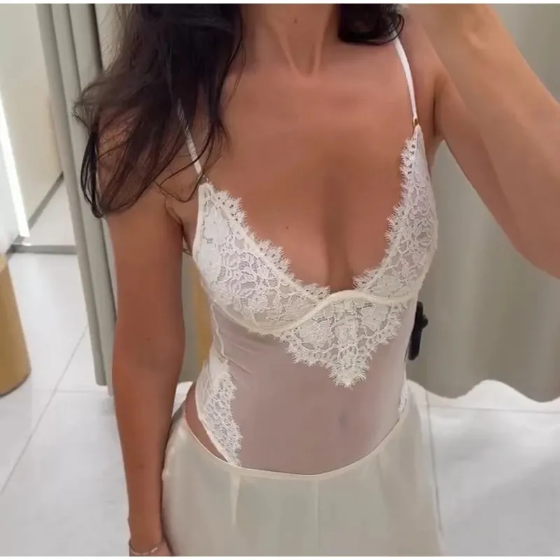 Lace Patchwork V-Neck Spaghetti Strap Sheer Mesh Bodysuit Fitted 2026 Summer Women Mesh Top Delicate Elegant Lady Bodysuit — image 10
