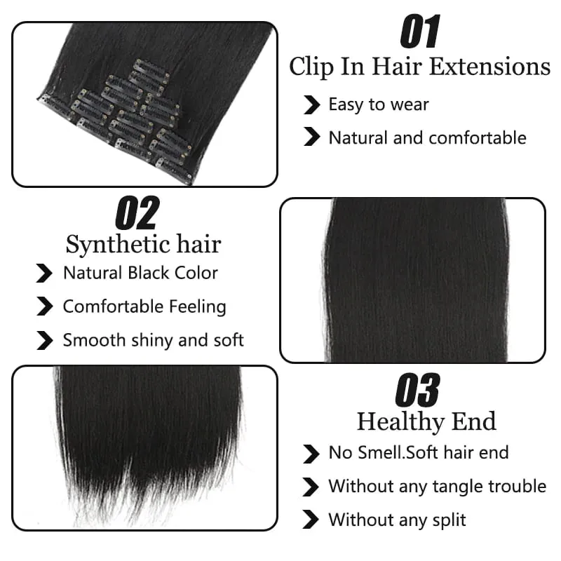 Synthetic 7-piece set with 16 card synthetic straight hair extensions suitable for women's daily party use — image 4