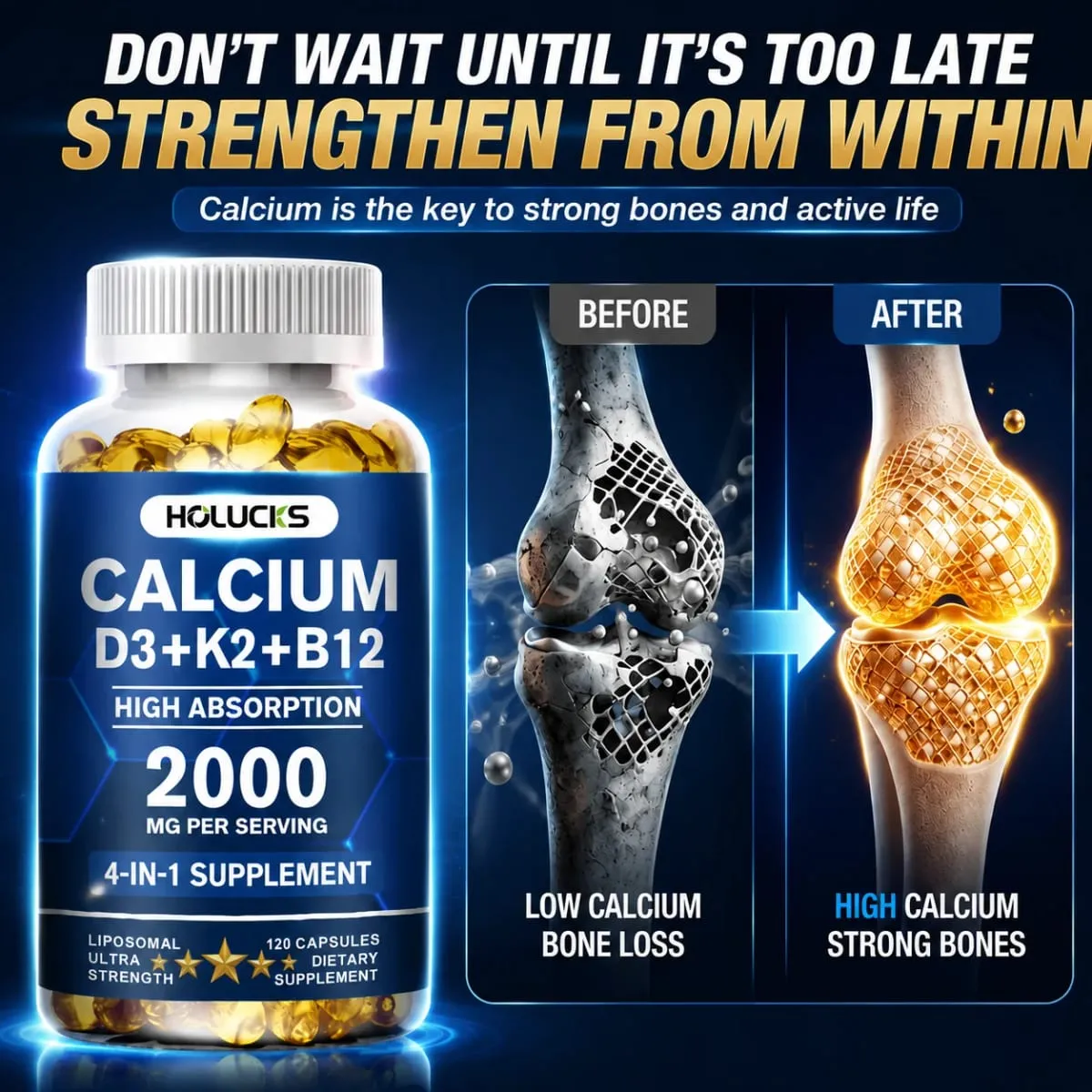 Calcium Supplements with Vitamin D3 K2 Support Bone Muscle TeethHealth Replenish Joints Calcium Absorption — image 2