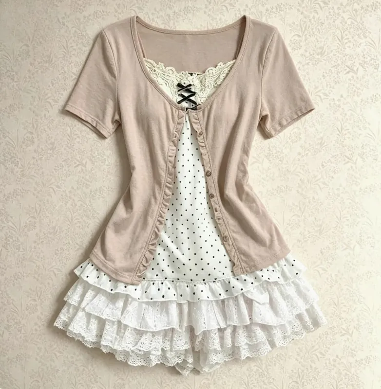 Y2K – ensemble deux pièces Vintage en dentelle pour femmes, ensemble deux pièces, élégant Cardigan rétro + Mini robe Slim sans manches à la mode — image 2