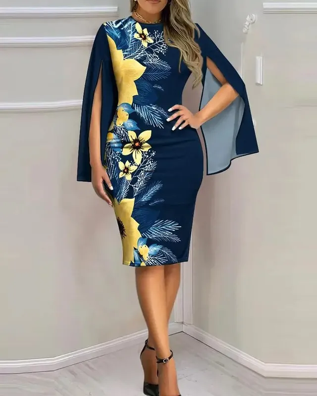 Women's Sunflower Print Midi Dress - Sexy V-Neck Bodycon Dress with Cape Sleeves for Summer Party — image 7