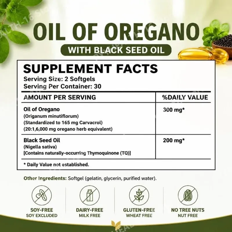 Oil of Oregano Softgels 6000mg with Black Seed Oil for Immune System & Digestive Support Soy-Free Gluten-Free 60 Softgels — image 2