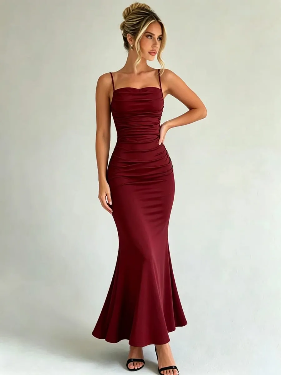 Women Spaghetti Strap Ruched Mermaid Maxi Dress Square Neck Bodycon Elegant Evening Party Long Dress — image 4