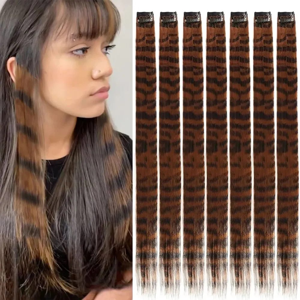 18' 7 Pcs Rainbow Long Straight Zebra Print Synthetic Feather Clip in Hair Extensions for Women Ideal Halloween Christmas
