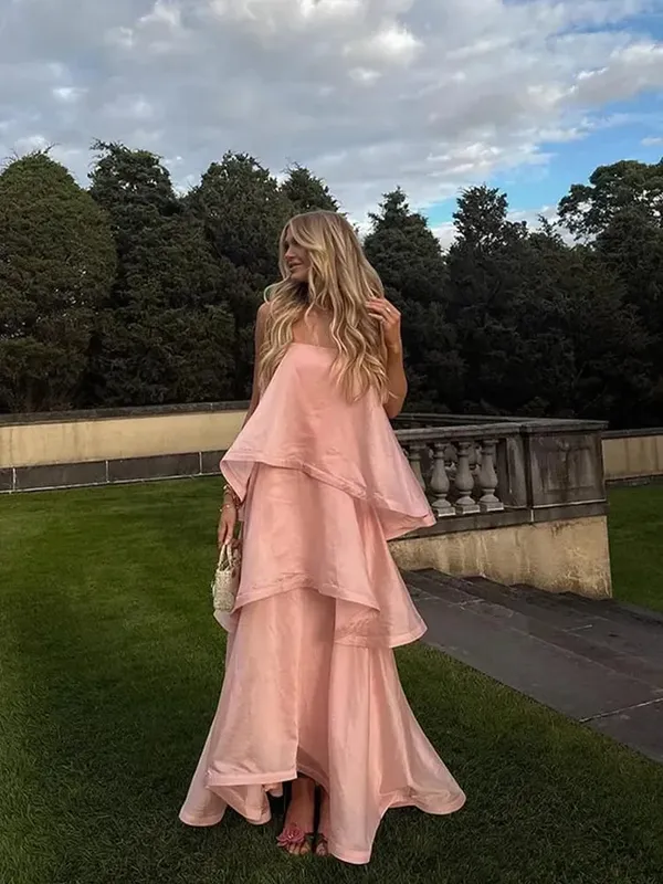 Women Pink Ruffled Strapless Dress Sleeveless Backless Loose Long elegant robes 2025 Lady Vacation Beach Party Evening Gown New