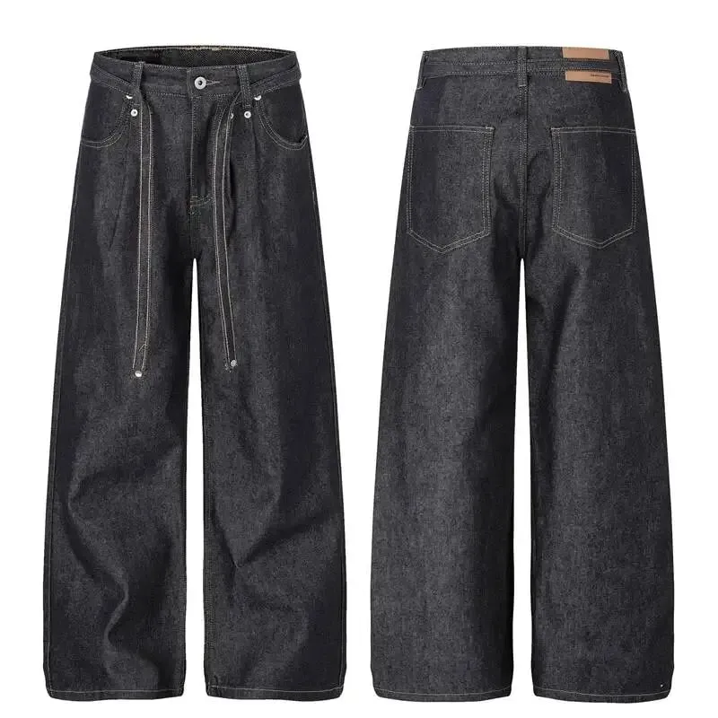 American-style Distressed Washed Jeans Visible Stitching Belt Unisex Loose-fitting Wide-leg Straight-leg Denim Pants 9X3768 — image 2