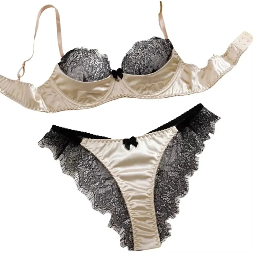 Satin Fabric Eyelash Lace Patchwork Ultra Thin Unlined Bra Sets Underwear with Underwire Sexy Lingerie Women Brassiere — image 2
