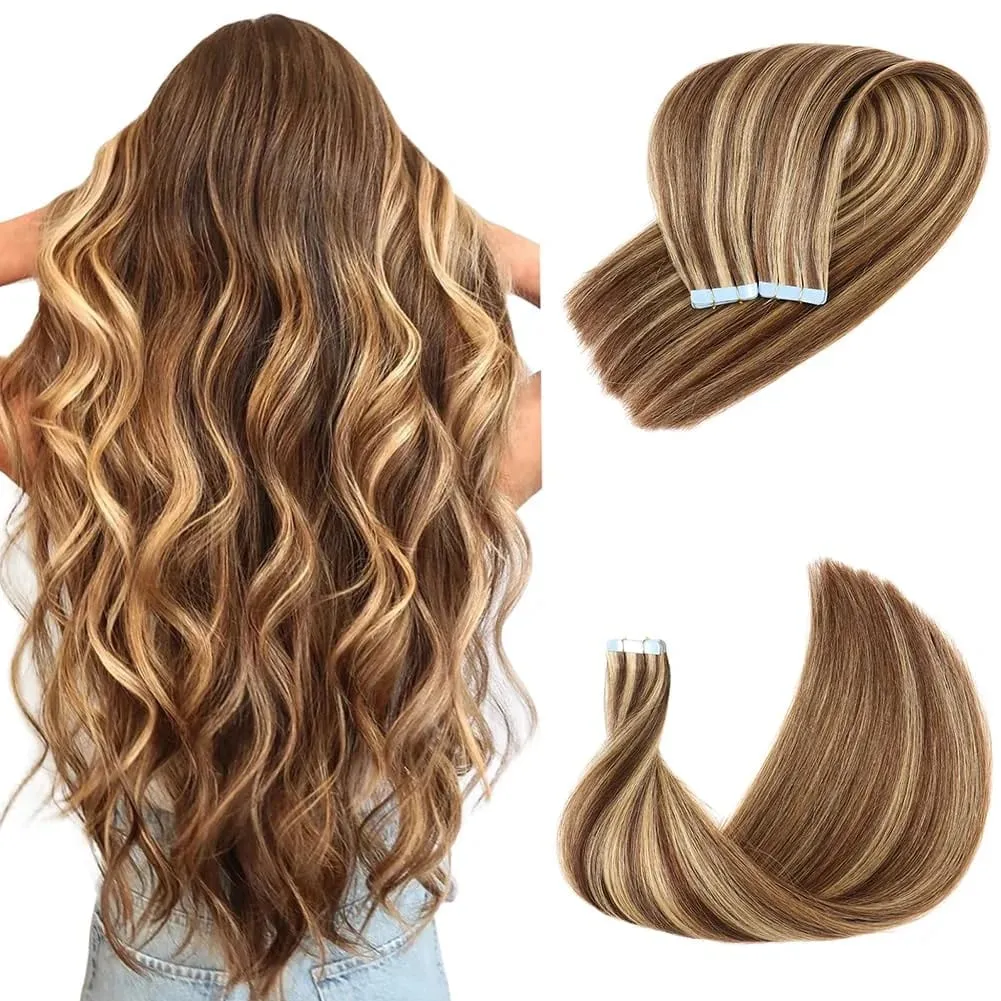 Honey Blonde Highlight Tape In Human Hair Extensions For Women Double Drawn Invisible Silky Straight Balayage Hair 20pcs/Pack — image 1
