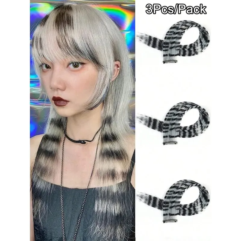 3Pcs Leopard Print Hair Extensions Synthetic Stripe Printed Hair Piece Colorful Long Straight Clip In Hair For Women Girls Party — image 14