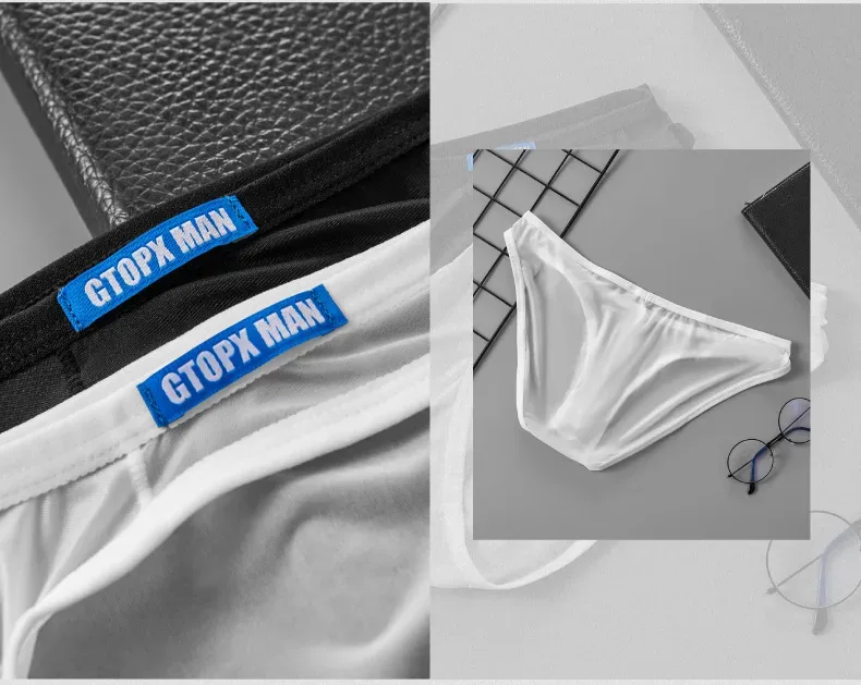 Men's Sexy Underwear Thin Ice Silk Translucent Briefs U Pouch Ropa Interior Hombre Male Panties — image 15