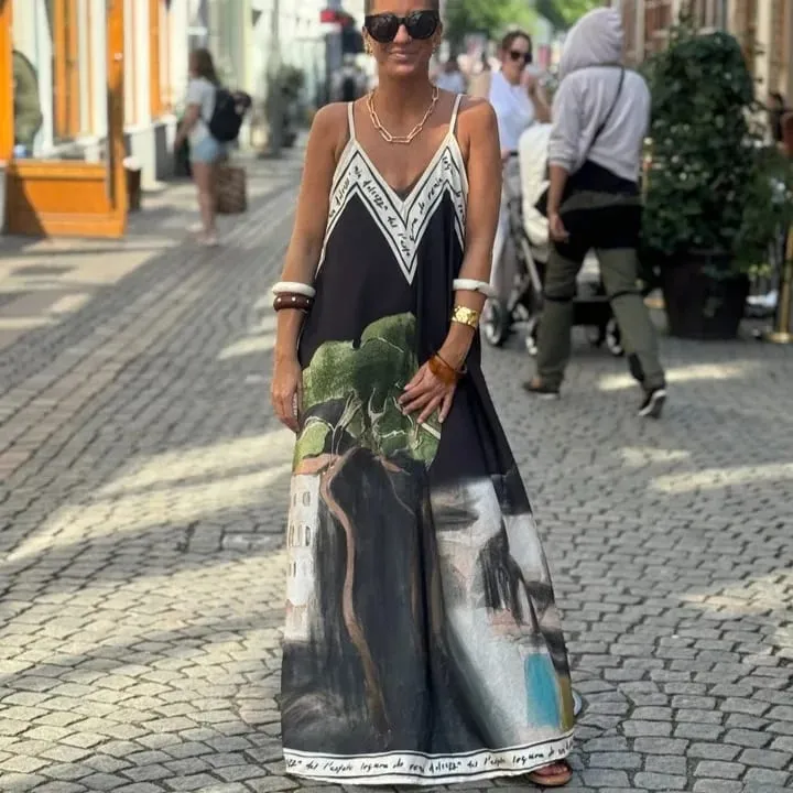 Casual Off Shoulder Hollow Swing Beach Dress Loose Suspender Summer Bohemian Dress Vintage Women V Neck Sleeveless Holiday Dress