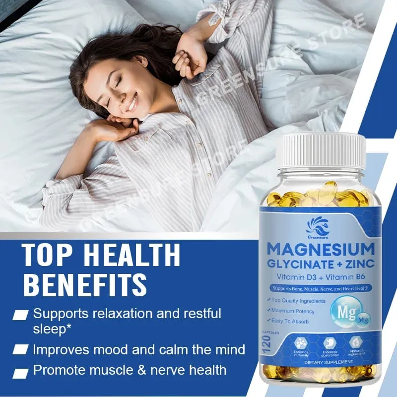 Magnesium Glycinate D3 B6 Capsules for Relax Sleep Nerve Muscle and Heart Health Supplement