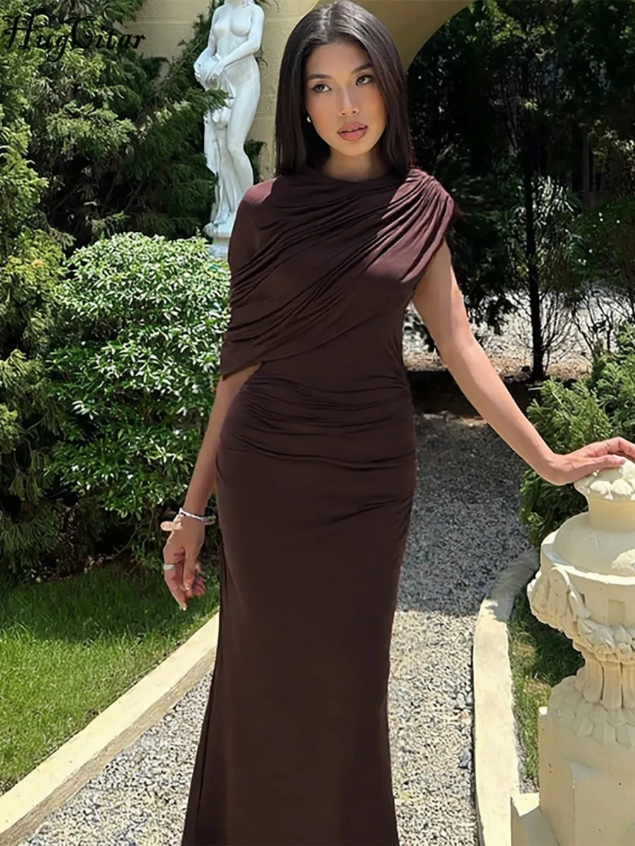 Hugcitar Women Fashion Turleneck Solid Short Sleeve Irregular Sexy Ruched Maxi Prom Dress Summer Clothes Evening Party Birthday — image 4