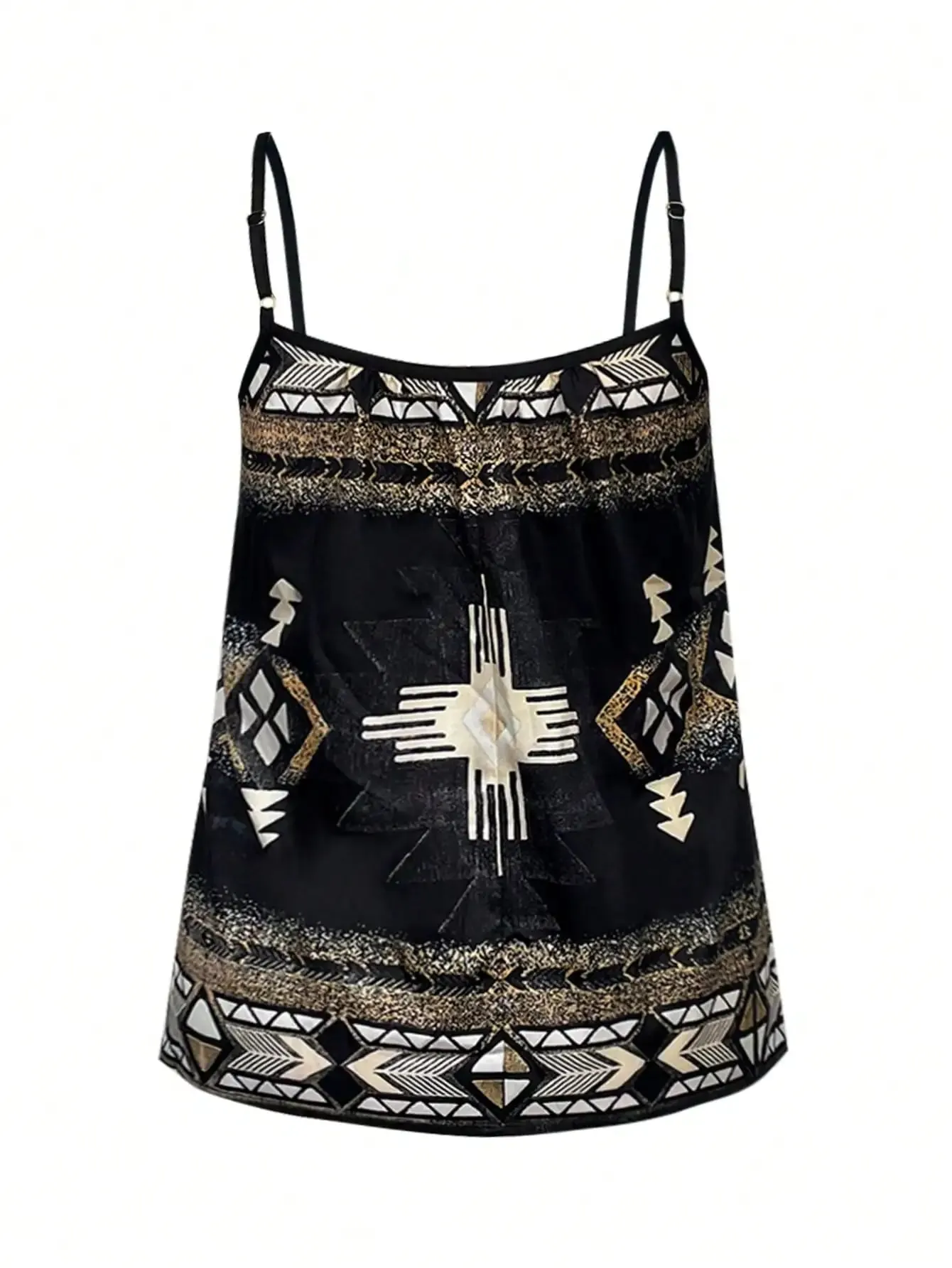 Womens Boho Print Spaghetti Strap Cami Top Loose Fit Summer Casual Tank Black And Gold Tribal Pattern — image 3
