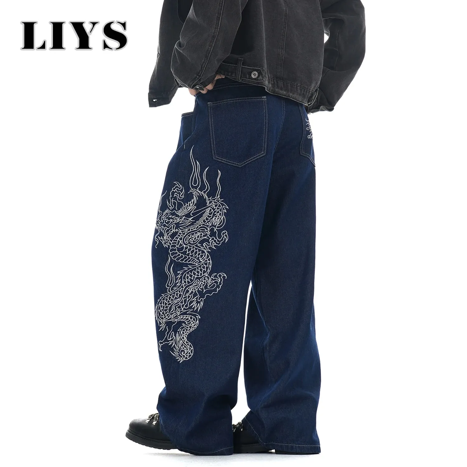 New Men's Blue Baggy Dragon Embroidered Wide Leg Jeans Spring Summer Classic Blue Baggy Washed Denim Pants Unisex Clothing — image 4