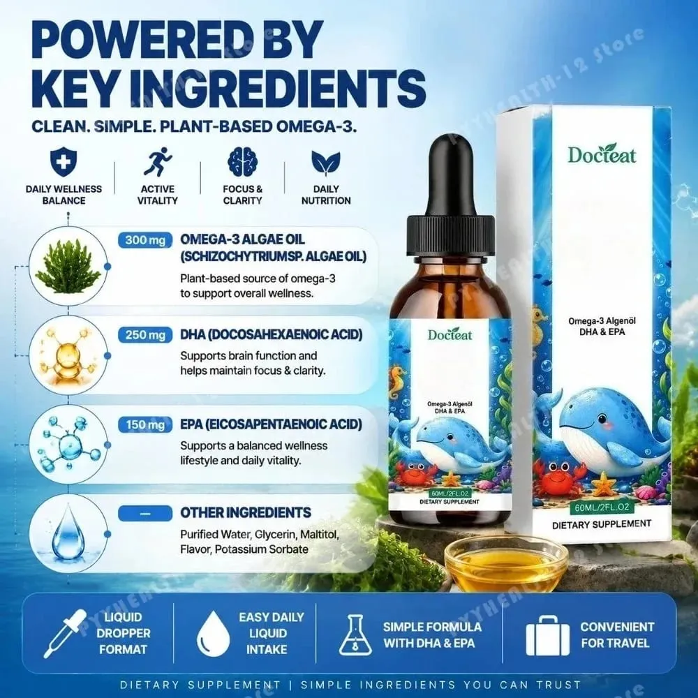 Docteat 植物ベースのオメガ 3 藻類オイル DHA EPA 液滴子供の脳の健康ビーガン非遺伝子組み換え毎日の栄養オレンジ 60 回分 — image 3