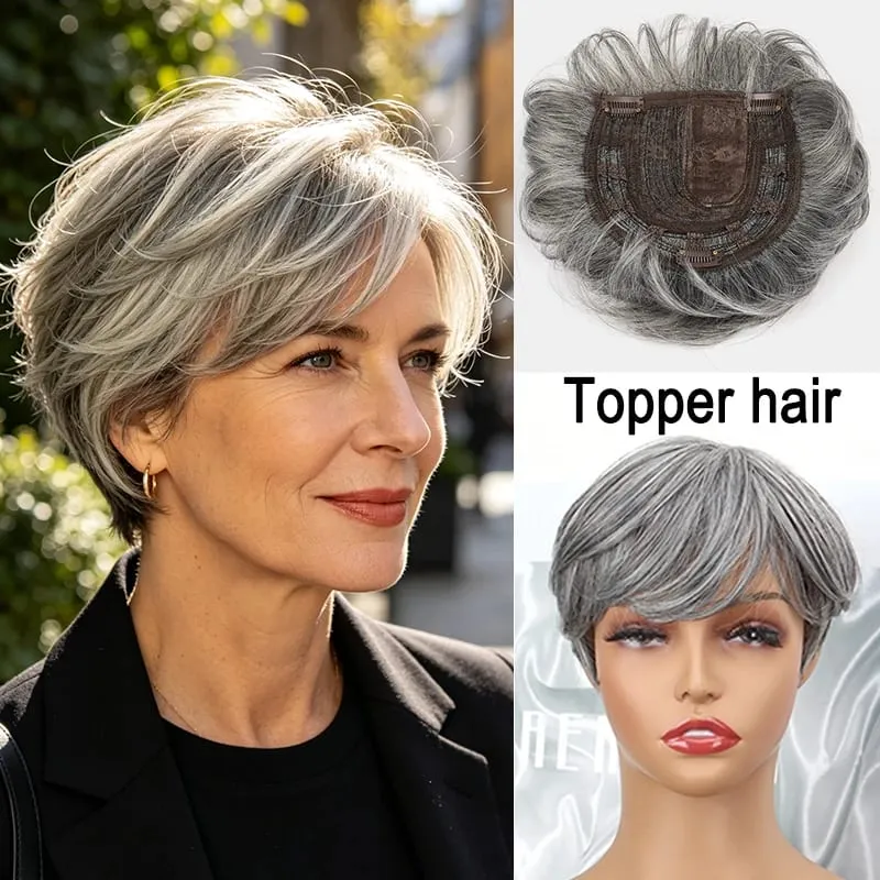 Synthetic Short Toppers Hair for Women Fluffy Covering Volume Hair Pieces With Bangs Fake Hairpiece for Thin Hair