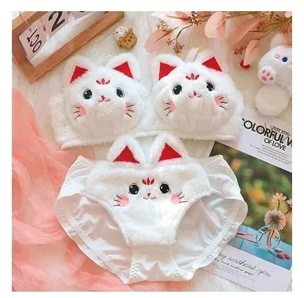 Cute Cat Paw Plush Lingerie Set for Women Warm Winter Bra & Panty with Ears Comfortable Kawaii Underwear — image 31