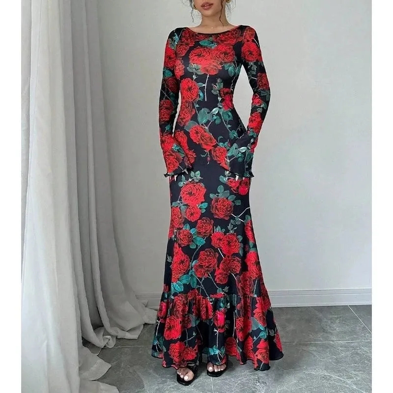 Elegant Rose Printed Maxi Dress O Neck Long Sleeves Bodycon Fishtail Dress Figure Slim Rose Floral Pattern Adds Charm Long Dress