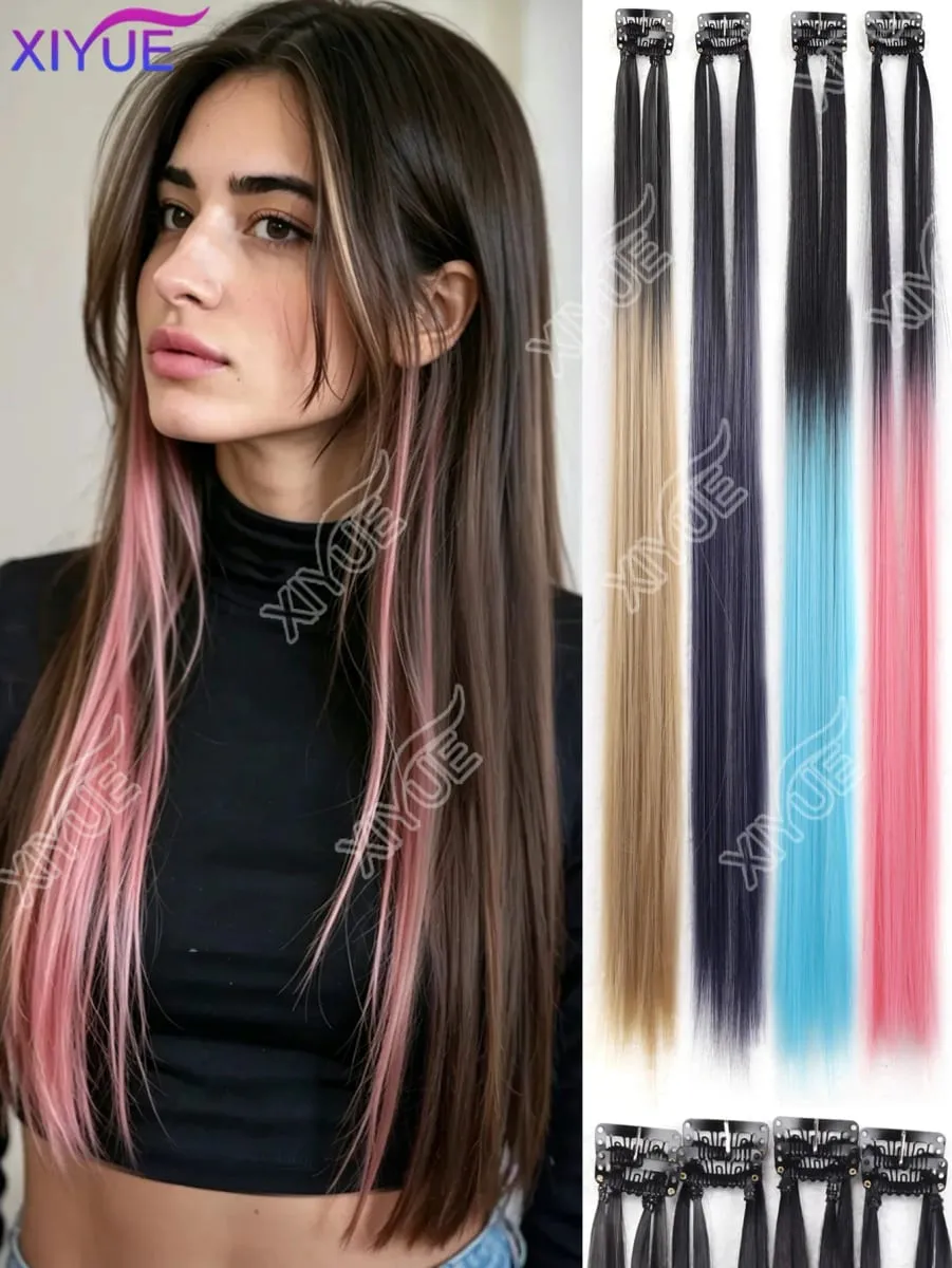 XY Hair Extensions 2pcs/pack Straight Extensions Multi-Colors Highlights Synthetic Hair Rainbow Hairpieces for Girls Halloween — image 2