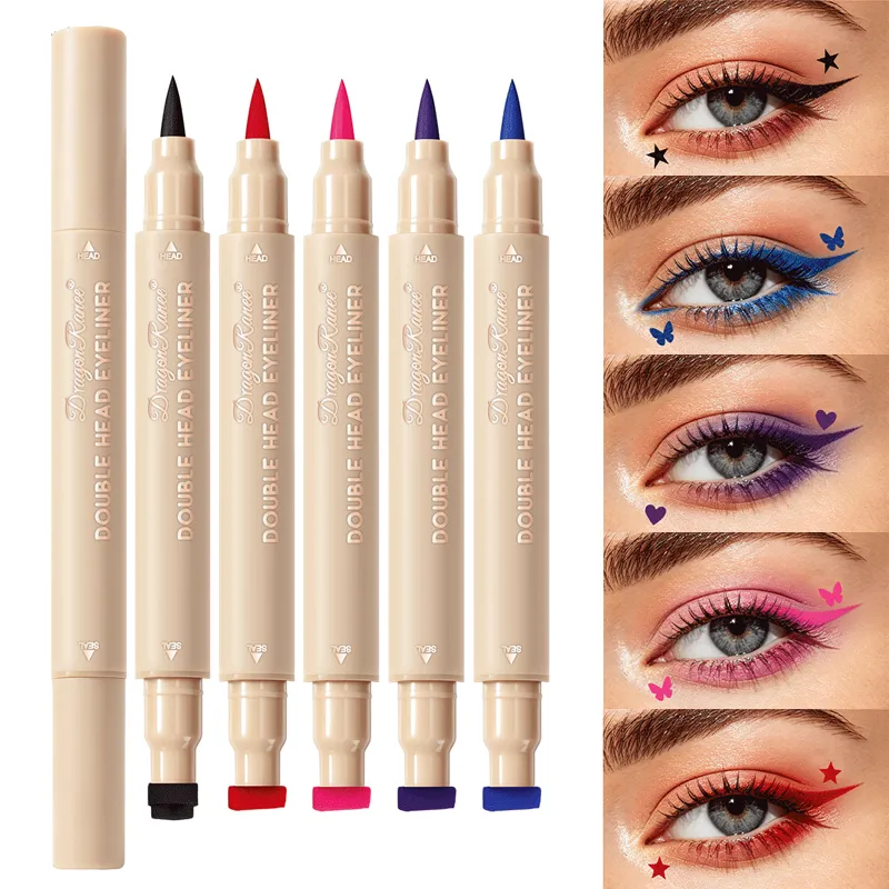 Double Head Stamp Liquid Eyeliner Smudge-Proof Quick Drying Waterproof 2 in1 Colorful Love Star Butterfly Eye Line Pencil Makeup