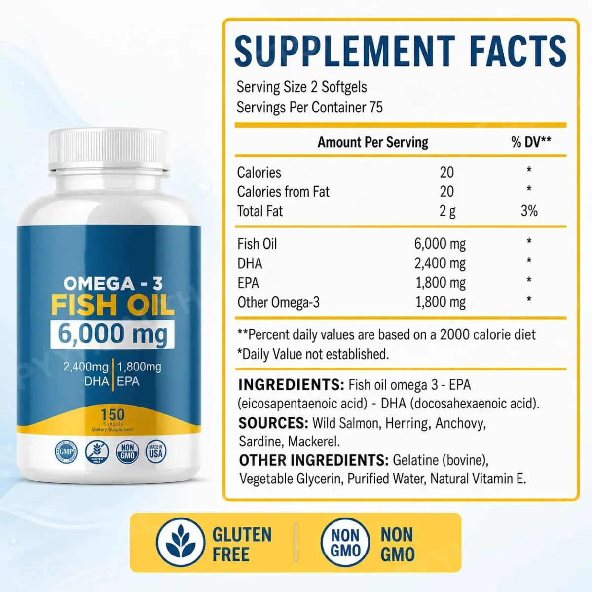 Omega-3 Fish Oil 6000mg Softgels High DHA EPA Formula 2400mg DHA 1800mg EPA Non-GMO 150 Capsules Heart Brain Nutrition Support — image 5