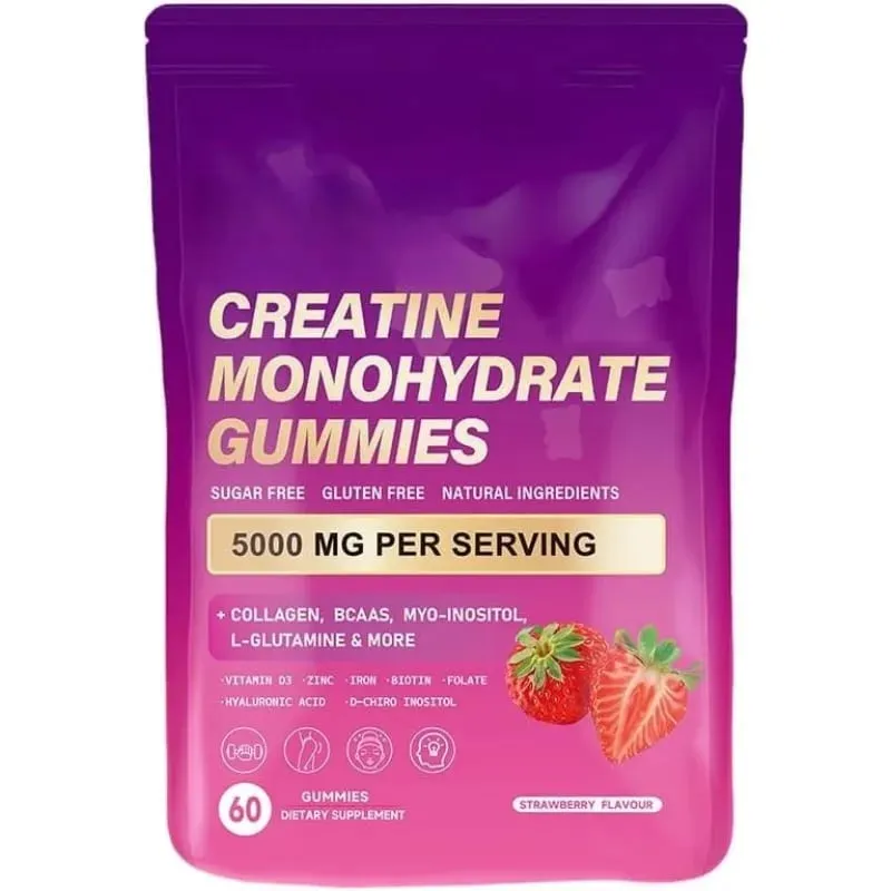 Creatine Monohydrate Gummies with Collagen BCAA and Vitamins Fitness Supplement Strawberry Flavor Daily Workout Support Sugar