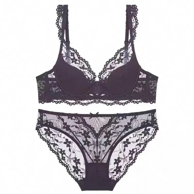 Thin Breathable Lace Bra Set French Flutter Sleeve Soft Underwire Minimizer Sexy Beauty Back Women Lingerie 32‑38 AB