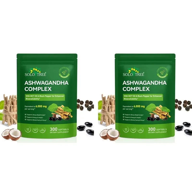Solo Tree Ashwagandha Complex Softgels Supports Stress Relief Calm Mental Clarity Focus with MCT Oil & Black Pepper 300 Softgels